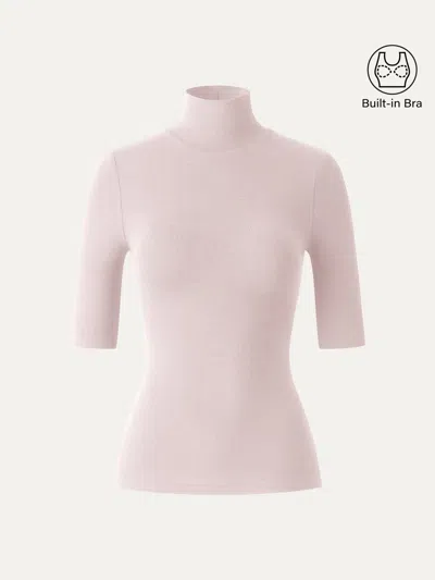 Oglmove Essential Turtleneck Elbow Length Sleeve Bra Tops In Powder Pink