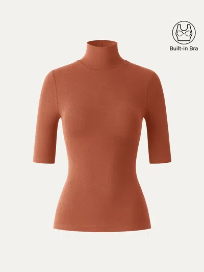 Oglmove Essential Turtleneck Elbow Length Sleeve Bra Tops In Savanna Orange