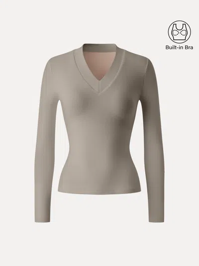 Oglmove Essential V-neck Wide Binding Slimming Bra Top In Griege