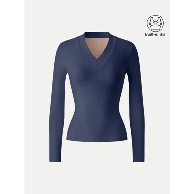 Oglmove Essential V-neck Wide Binding Slimming Bra Top In Indigo