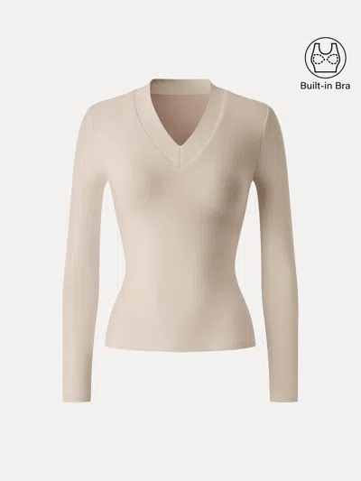 Oglmove Essential V-neck Wide Binding Slimming Bra Top In Natural Calico