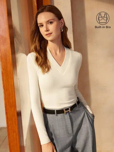 Oglmove Essential V-neck Wide Binding Slimming Bra Top In Off White