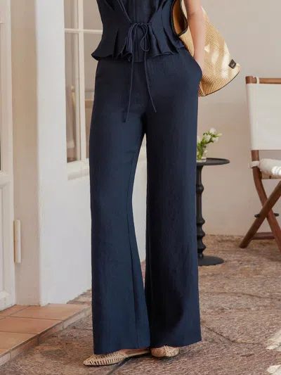 Oglmove European Linen Mid Rise Flared Pant With Pockets In Blue