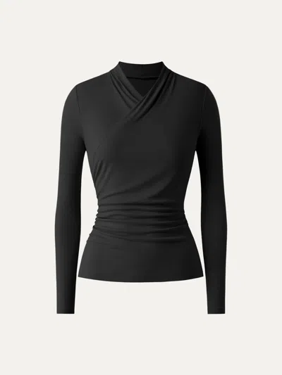 Oglmove Faux Wrap Light Long Sleeve Lightweight Top In Black