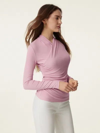 Oglmove Faux Wrap Light Long Sleeve Lightweight Top In Pink