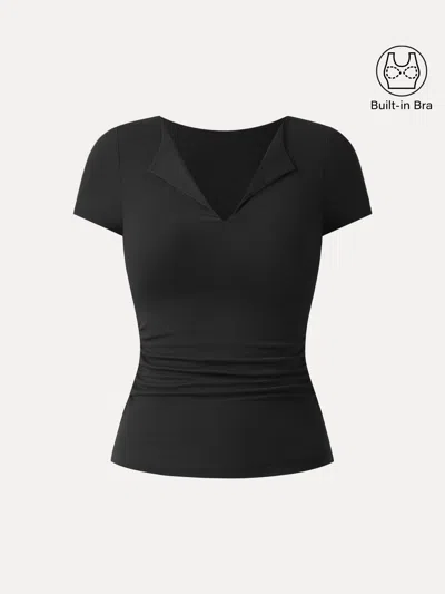 Oglmove Flapped V-neck Side Ruched New Airy Bra Tee In Black