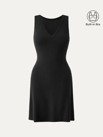 Oglmove Flattering V-neck A-line New Airy Bra Tank Dress In Black