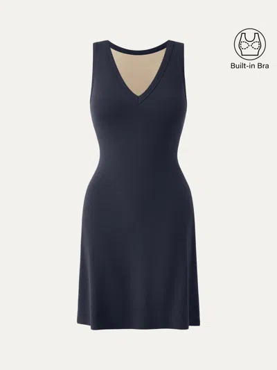 Oglmove Flattering V-neck A-line New Airy Bra Tank Dress In Blue