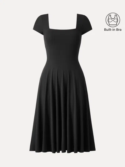 Oglmove Flowy Square Neck Short Sleeve Midi Bra Dress In Black