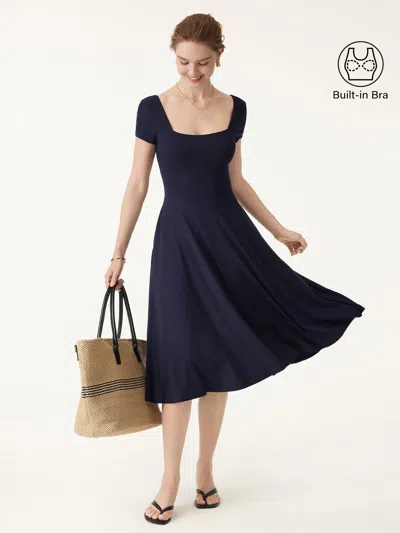 Oglmove Flowy Square Neck Short Sleeve Midi Bra Dress In Blue