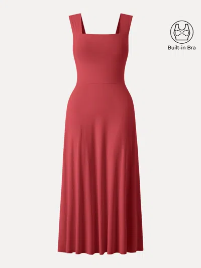 Oglmove Flowy Square Neck Wide Straps Midi Bra Dress With Pockets In Red