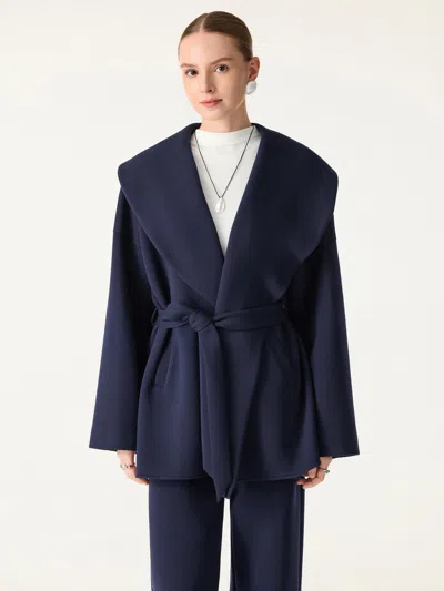 Oglmove Fuzzluxe Draped Shawl Collar Long Sleeve Belted Jacket In Blue