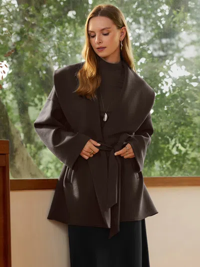 Oglmove Fuzzluxe Draped Shawl Collar Long Sleeve Belted Jacket In Brown