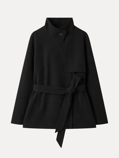 Oglmove Fuzzluxe Funnel Neck Storm-flap Belted Jacket With Pockets In Black