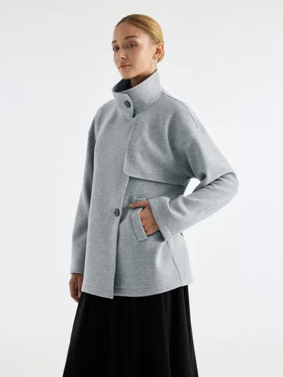 Oglmove Fuzzluxe Funnel Neck Storm-flap Belted Jacket With Pockets In Heather Columbia Blue