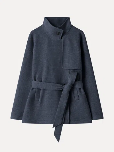 Oglmove Fuzzluxe Funnel Neck Storm-flap Belted Jacket With Pockets In Heather Indigo