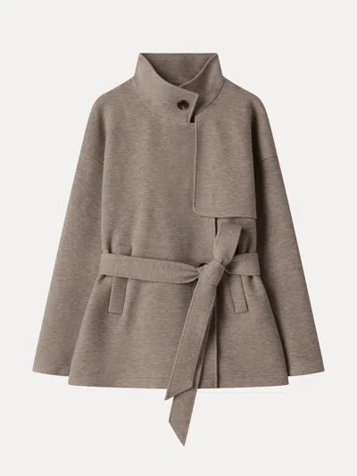 Oglmove Fuzzluxe Funnel Neck Storm-flap Belted Jacket With Pockets In Heather Tapestry