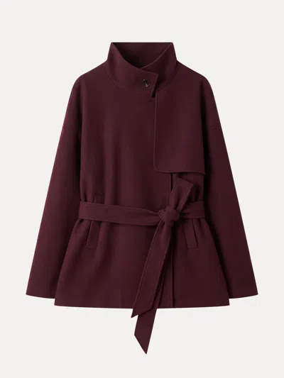 Oglmove Fuzzluxe Funnel Neck Storm-flap Belted Jacket With Pockets In Ruby