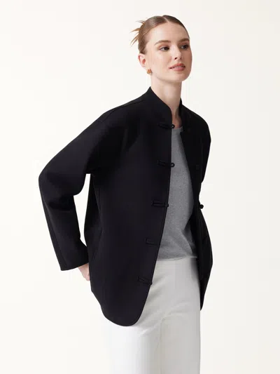Oglmove Fuzzluxe Mandarin Collar Frog-button Jacket With Pockets In Black