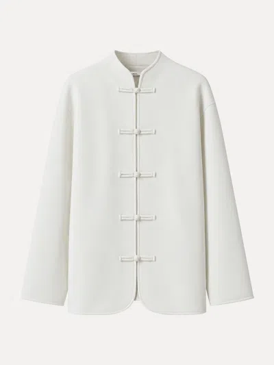 Oglmove Fuzzluxe Mandarin Collar Frog-button Jacket With Pockets In White