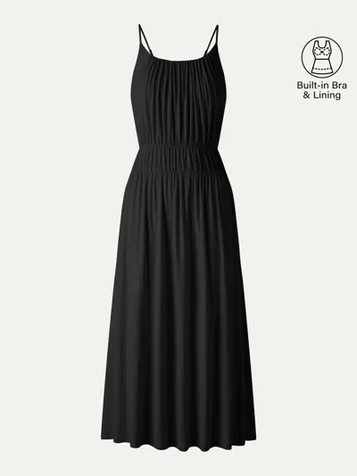 Oglmove Gathered U-neck Spaghetti Midi Bra Dress With Pockets In Black