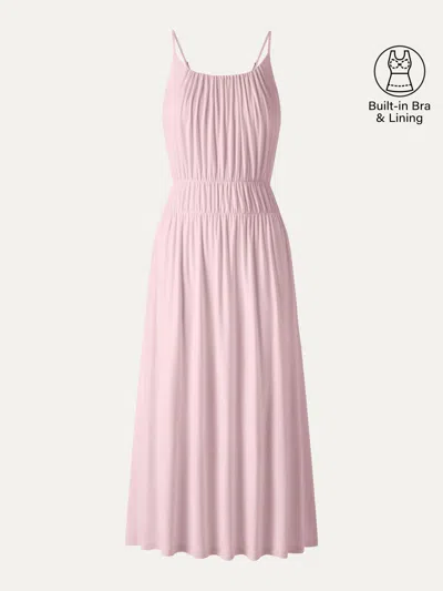 Oglmove Gathered U-neck Spaghetti Midi Bra Dress With Pockets In Light Pink
