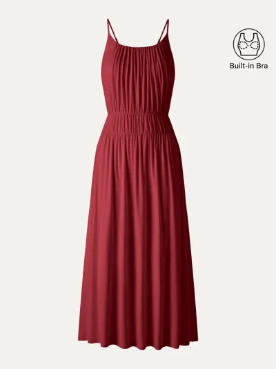 Oglmove Gathered U-neck Spaghetti Midi Bra Dress With Pockets In Orange Flame