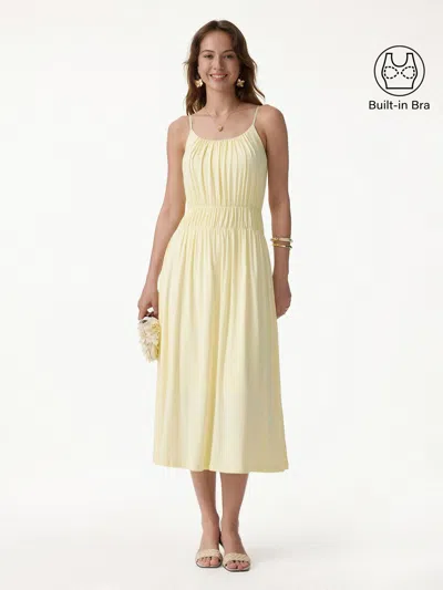 Oglmove Gathered U-neck Spaghetti Midi Bra Dress With Pockets In Pale Yellow