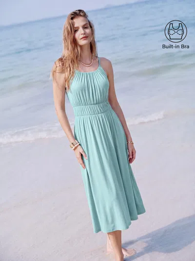 Oglmove Gathered U-neck Spaghetti Midi Bra Dress With Pockets In Sea Corn