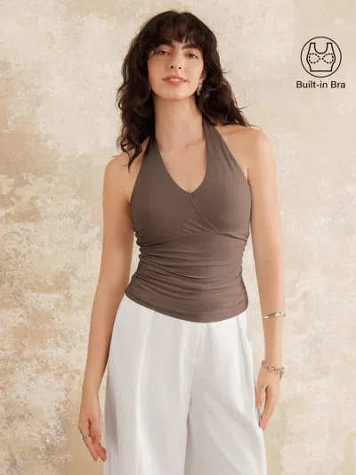 Oglmove Halter Neck Side Gathered New Airy Bra Tank