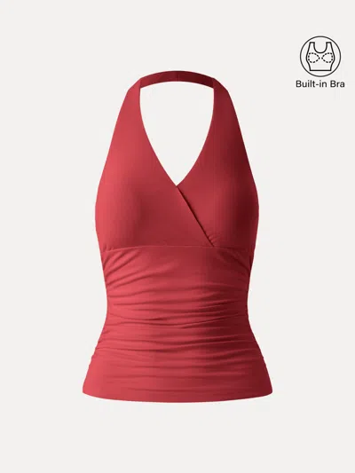 Oglmove Halter Neck Side Gathered New Airy Bra Tank In Red