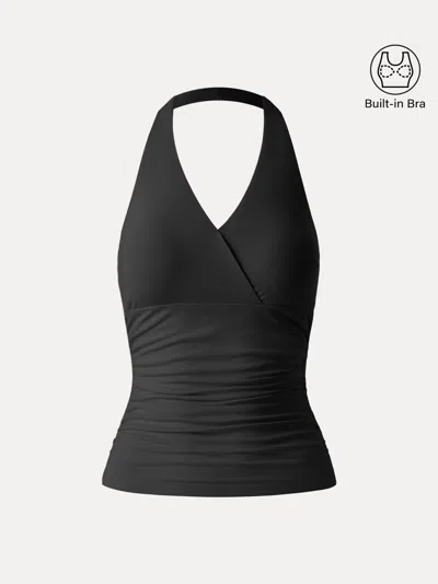 Oglmove Halter Neck Side Gathered New Airy Bra Tank In Black