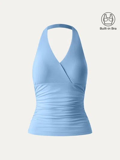 Oglmove Halter Neck Side Gathered New Airy Bra Tank In Blue