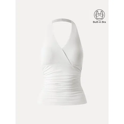 Oglmove Halter Neck Side Gathered New Airy Bra Tank In White