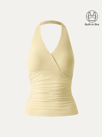 Oglmove Halter Neck Side Gathered New Airy Bra Tank In Yellow