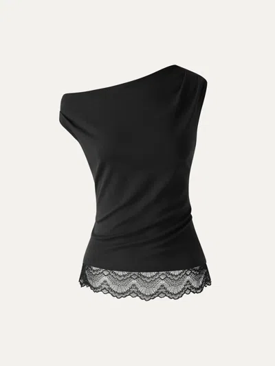 Oglmove Lace Trim Cotton Lyocell Asymmetrical Shoulder Top In Black