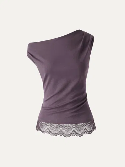 Oglmove Lace Trim Cotton Lyocell Asymmetrical Shoulder Top In Purple