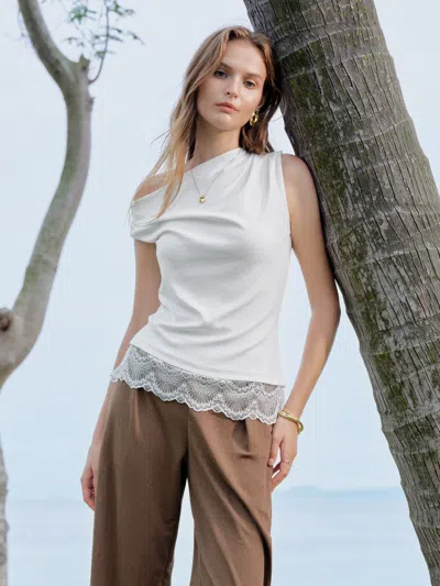 Oglmove Lace Trim Cotton Lyocell Asymmetrical Shoulder Top In White