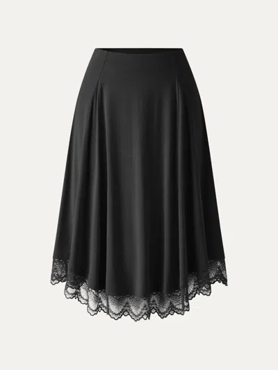 Oglmove Lace Trim Midi Circle Flare Skirt In Black