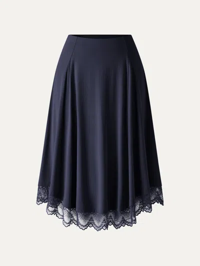Oglmove Lace Trim Midi Circle Flare Skirt In Blue