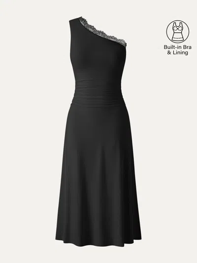 Oglmove Lace Trim One Shoulder Ruched Bra Dress In Black