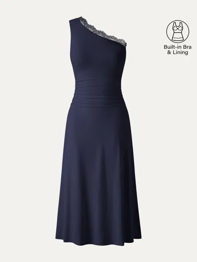 Oglmove Lace Trim One Shoulder Ruched Bra Dress In Blue