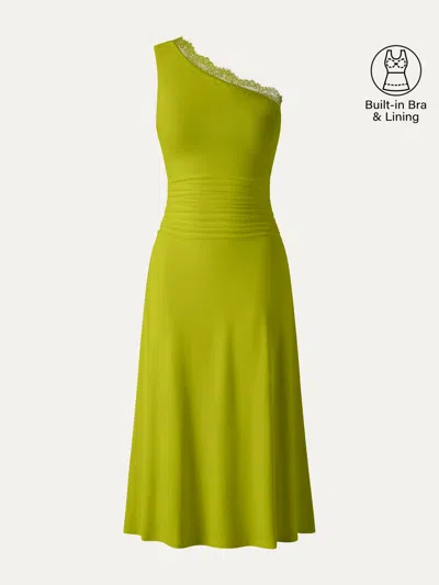 Oglmove Lace Trim One Shoulder Ruched Bra Dress In Green