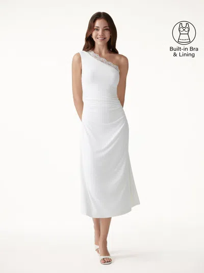 Oglmove Lace Trim One Shoulder Ruched Bra Dress In White