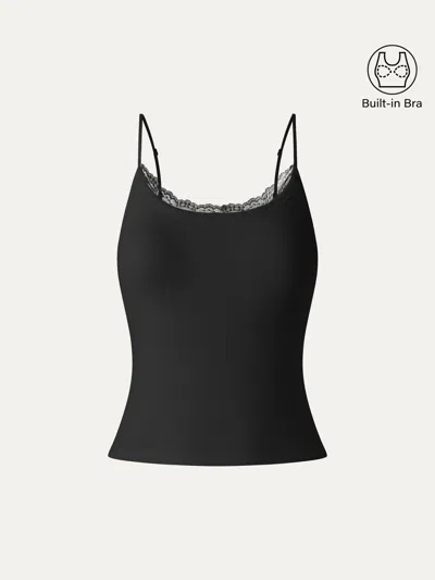 Oglmove Lace Trim Scoop Neck Spaghetti Bra Top In Black