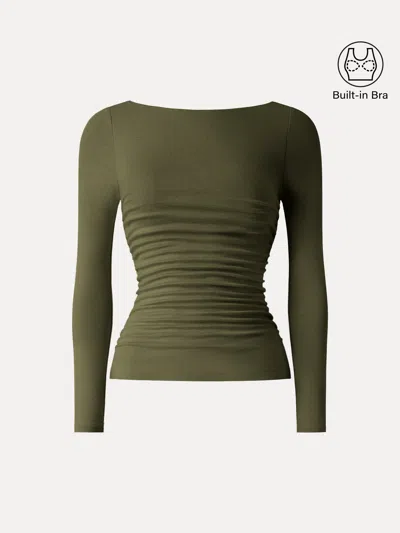 Oglmove Light Warm Boatneck Ruched Bra Top In Bright Olive
