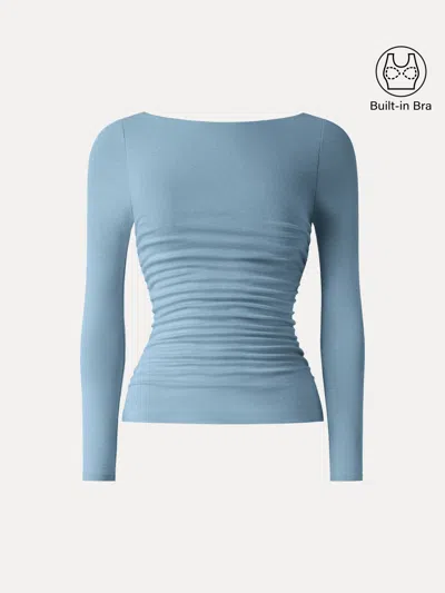 Oglmove Light Warm Boatneck Ruched Bra Top In Dusk Blue