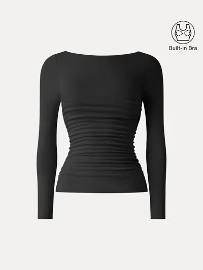Oglmove Light Warm Boatneck Ruched Brami Top In Black