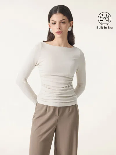 Oglmove Light Warm Boatneck Ruched Brami Top In Cloud White