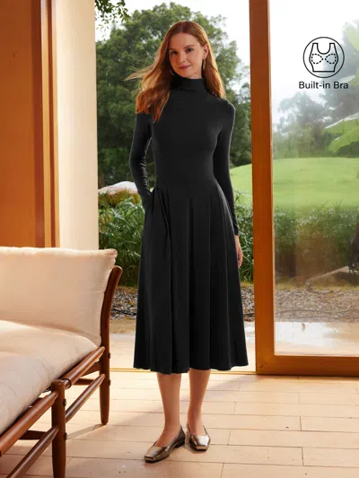 Oglmove Light Warm Mockneck Pleated Midi Brami Dress With Pockets In Black